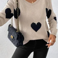 Swetry damskie - TEMU Nowość na Wiosnę, Jesień i Zimę: Elegancki Sweter z Dekoltem w Serek z Haftem i Kontrastowymi Kolorami - Prosty i Luźny Styl dla Kobiet - miniaturka - grafika 1