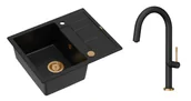 Zlewozmywaki z baterią - Quadron Unique Zlewozmywak granitowy jednokomorowy 62*50*22 cm z ociekaczem MORGAN 116 PURE CARBON z syfonem Push-2-Open w kolorze miedzianym z baterią HALEY T LINE PURE CARBON kolor czarny mat/wykończenie miedź - miniaturka - grafika 1