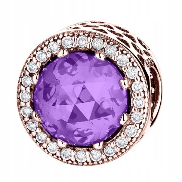 Charms Pozłacany Fioletowy Kamień Okrągły Kryształ Cyrkonie SREBRO 925