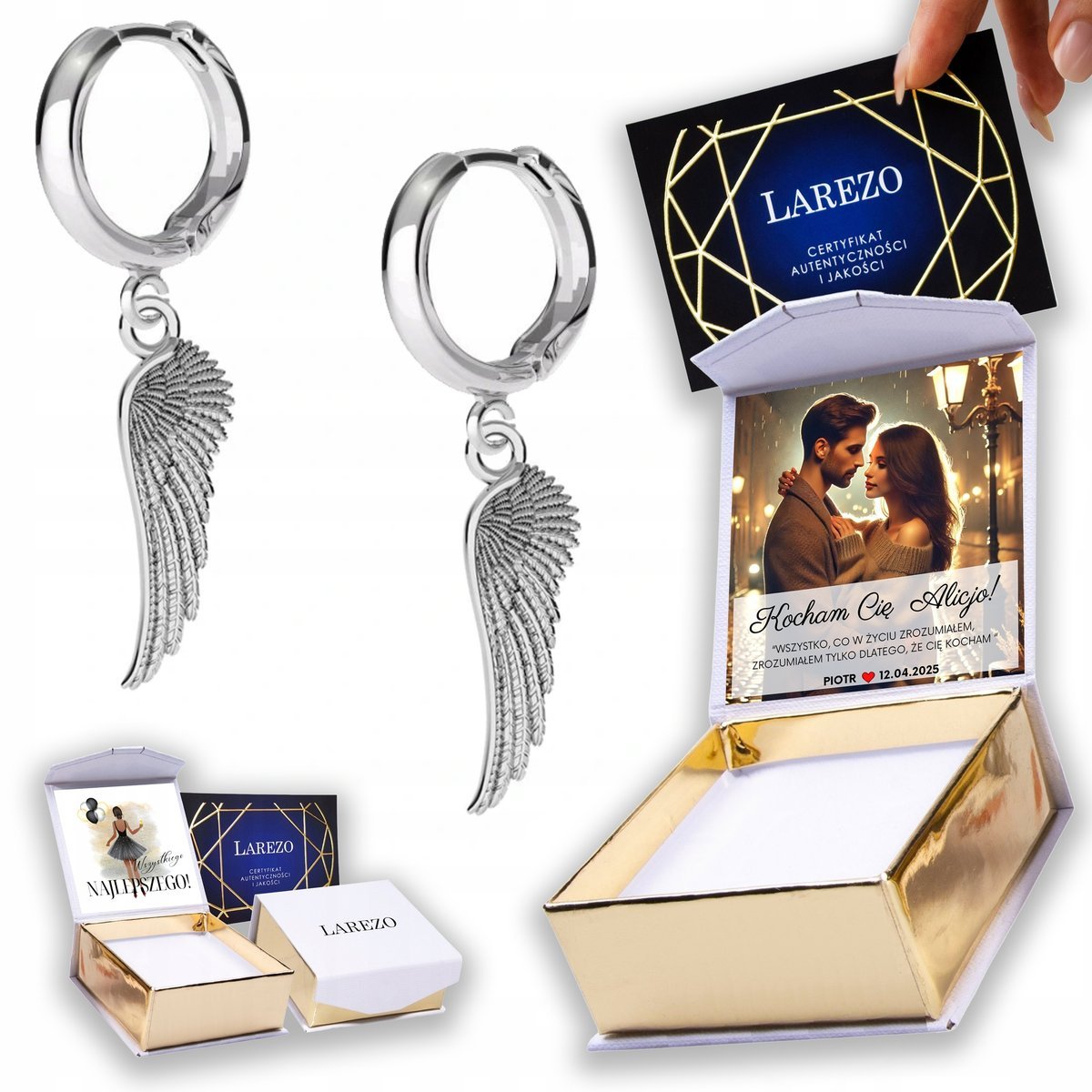 Kolczyki Srebrne 925 ze Skrzydłami Wiszącymi Skrzydła Skrzydełka NADRUK