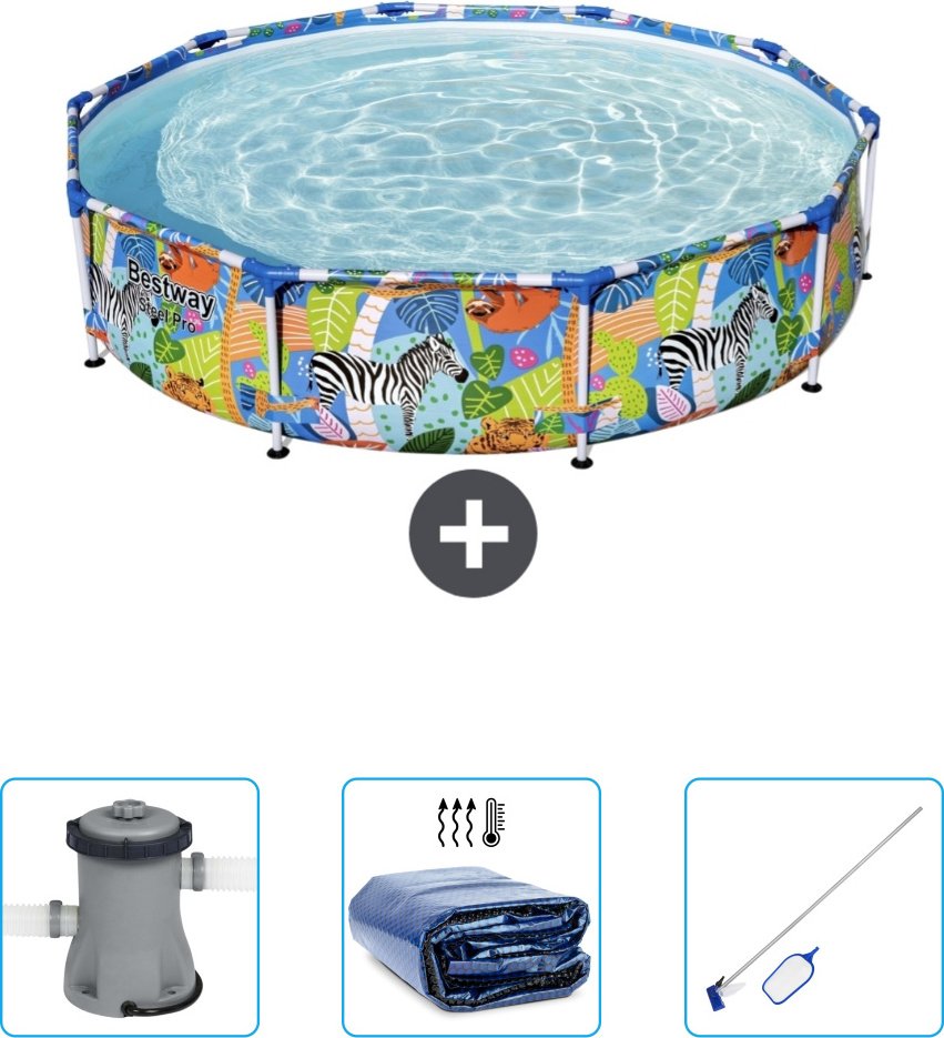 Basen Bestway Round Steel Pro - 305 x 66 cm - nadruk dżungli - zawiera pompę - żagiel przeciwsłoneczny - zestaw do czyszczenia