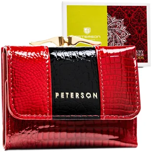 Czerwony portfel damski z lakierowanej skóry naturalnej PETERSON mały kompaktowy klasyczna portmonetka na bigiel i zatrzask elegancki prezent ochron.. - Portfele - miniaturka - grafika 1