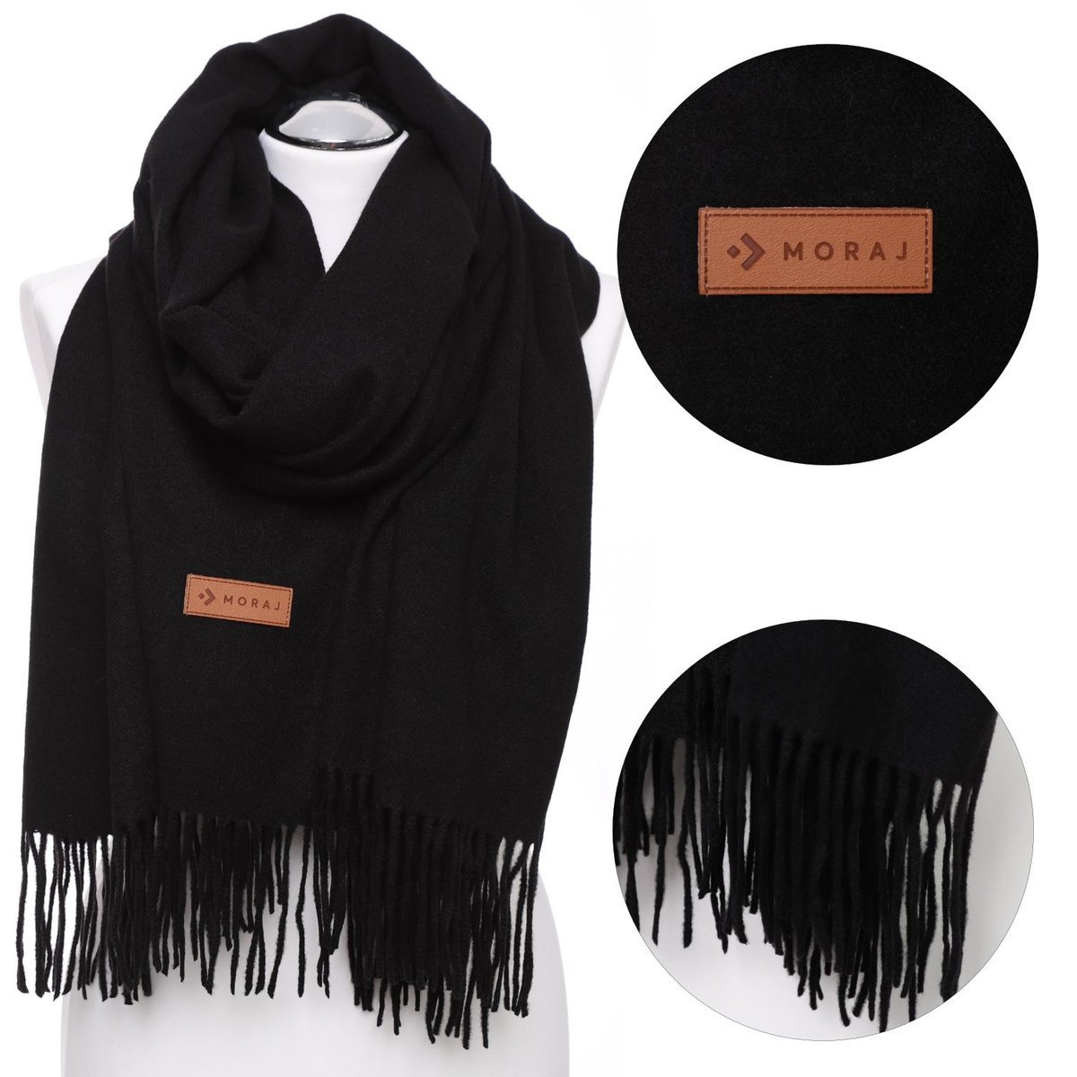 Modny Czarny Szal Damski Ciepły Z Frędzlami Moraj