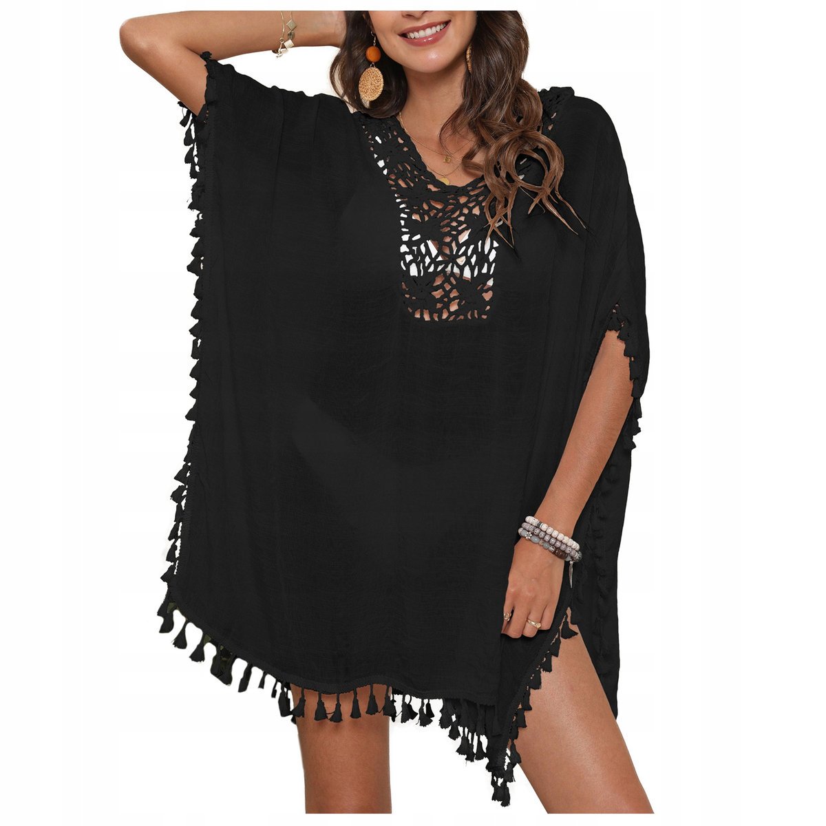 Pareo plażowe tunika boho haft sukienka czarna