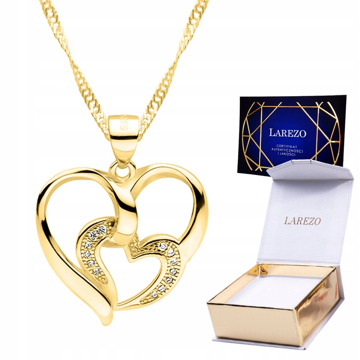 Złoty Naszyjnik Podwójne Serce Dwa Serca z Cyrkoniami Miłość Love SREBRO