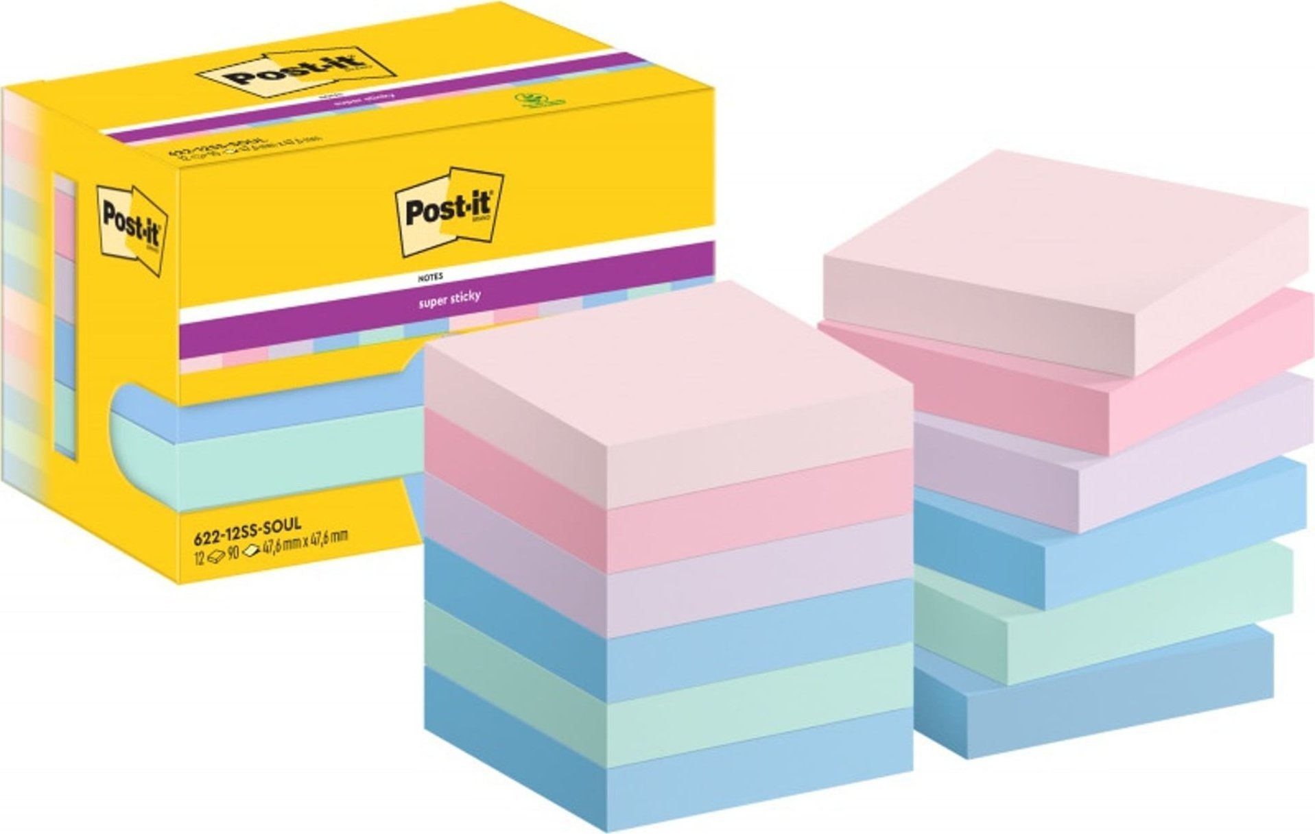 Post-it Karteczki Post-it Super Sticky 47.6x47.6mm 622-12SS-SOUL pastelowe 12x90