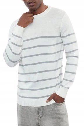 TRENDYOL BIAŁY SWETER MĘSKI W SZARE PASKI Z OKRĄGŁYM DEKOLTEM M 5BA
