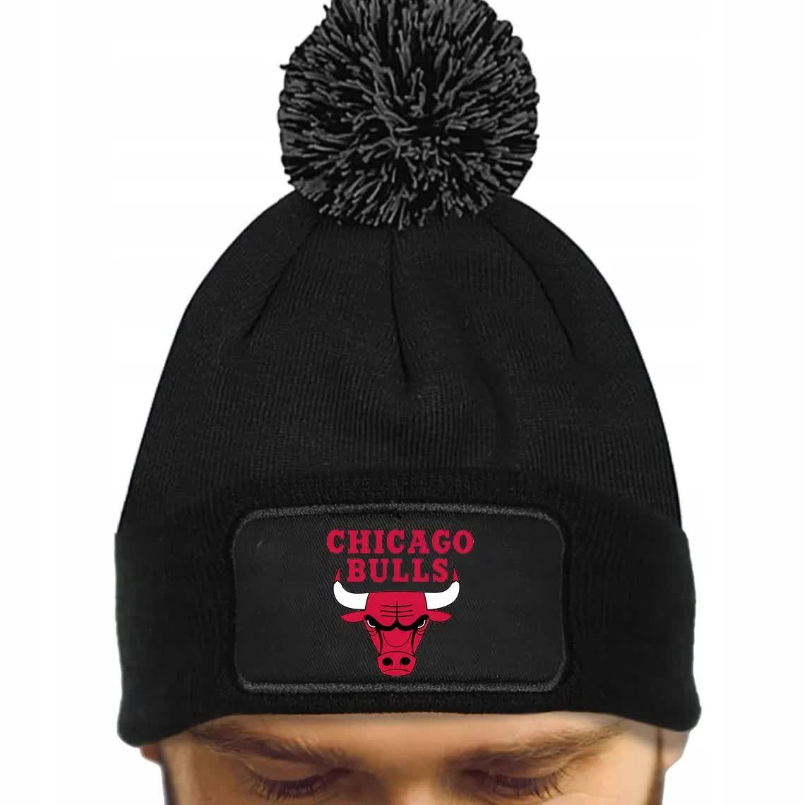 CZAPKA POMPON Czarna Bawełna Dla Fana CHICAGO BULLS Koszykówka Wzory