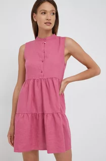 Sukienki - Sisley sukienka lniana kolor fioletowy mini rozkloszowana - grafika 1