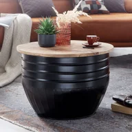 Ławy i stoliki kawowe - Stolik kawowy WOHNLING drewno mango metal 60x41x60 cm styl industrialny okrągły, designerski stolik do salonu z miejscem do przechowywania, nowoczesny stolik do salonu sofa stolik czarny - miniaturka - grafika 1