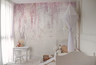tapeta wisteria kids pink do pokoju dziecięcego z kwiecistym drzewem i ptakami - Wyposażenie pokoiku dziecięcego - miniaturka - grafika 1