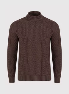 Swetry męskie - Półgolf z warkoczowym splotem w kolorze brązowym - grafika 1