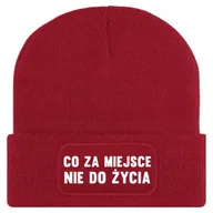 Czapki damskie - Czapka Jesienna Bawełniana ZIMOWA Czerwona CO ZA MIEJSCE NIE DO ŻYCIA Wzory - miniaturka - grafika 1