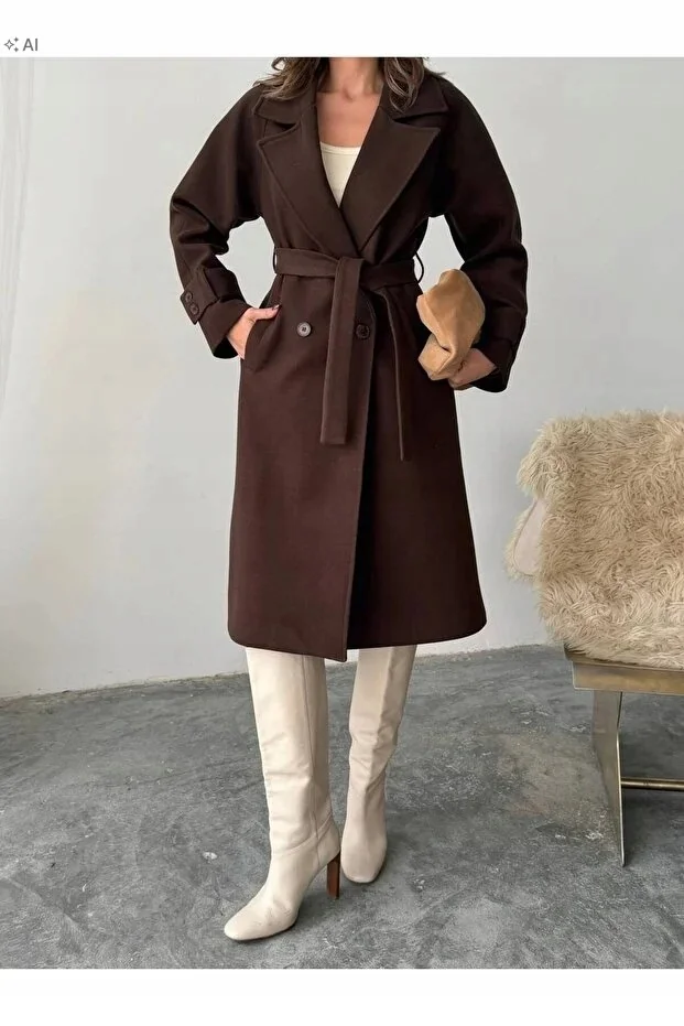 DŁUGI PŁASZCZ KLASYCZNY Z PASKIEM ELEGANCKI BRĄZOWY S 5IA