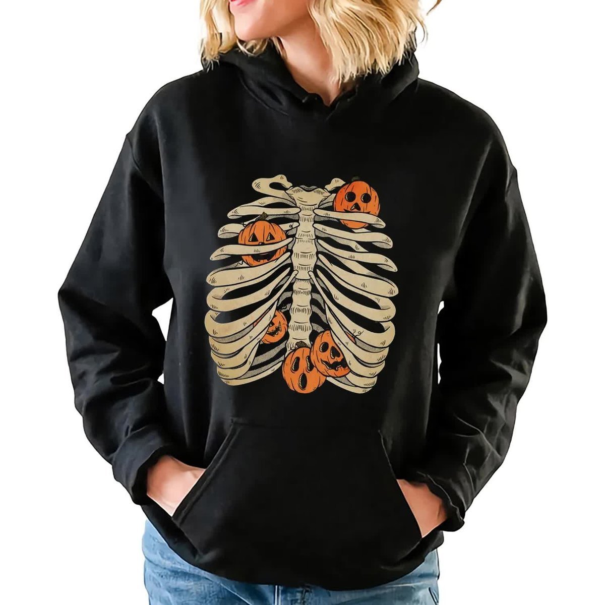Damska Bluza Czarna Z Kapturem PUMPKIN SKELETON Dla Jesieniary Wzory Rozm S