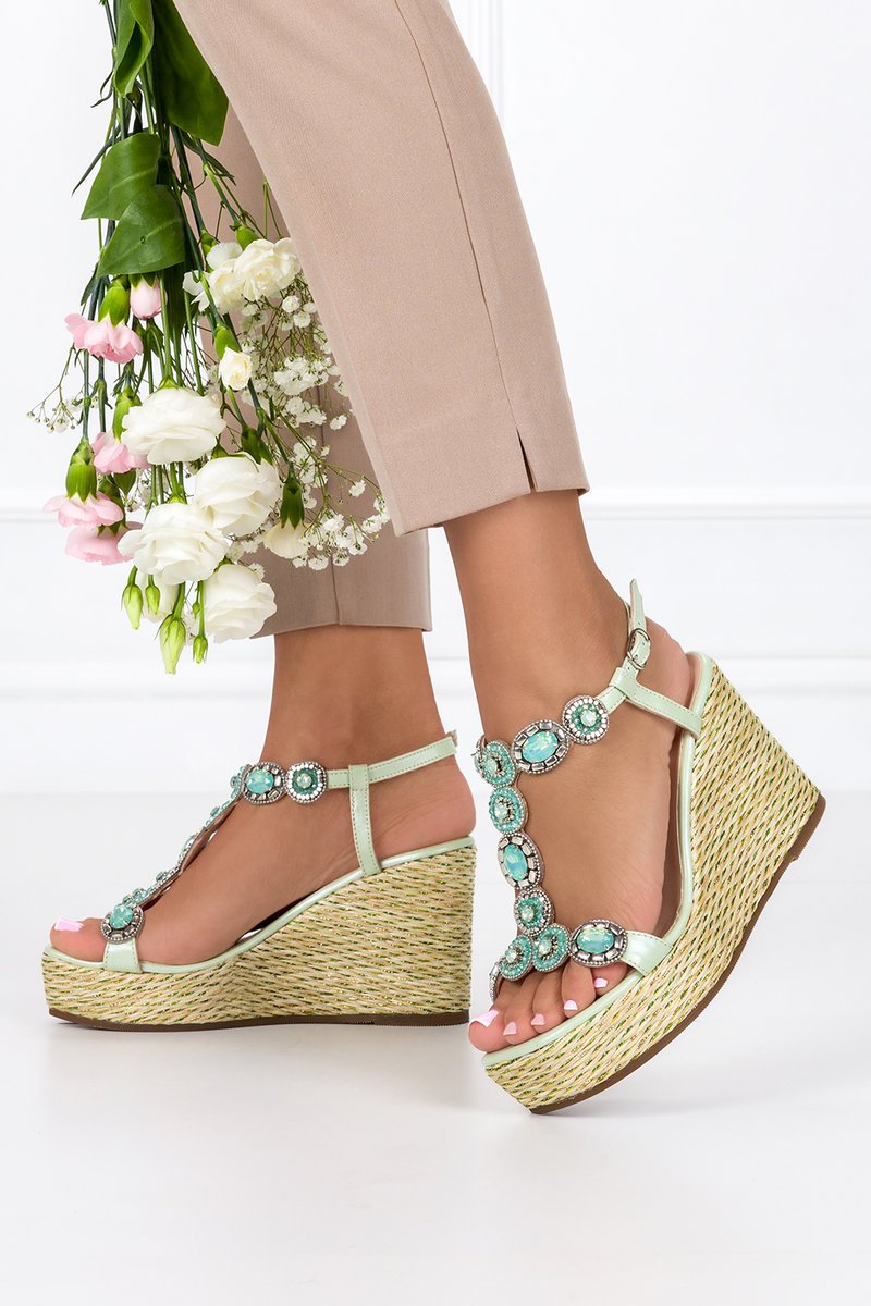 Miętowe sandały skórzane espadryle na koturnie z kryształkami PRODUKT POLSKI Casu 2490-41