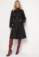 Płaszcze damskie - Czarny Płaszcz Dwurzędowy Trencz Ozdobiony Paskiem i Pagonami Malwissa - miniaturka - grafika 1