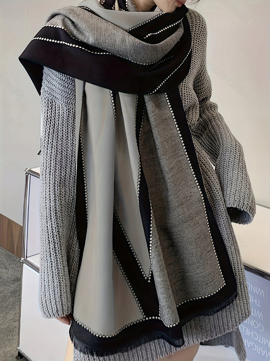 elegancki damski SZAL na zimę ciepły SZALIK szykowny 180x66 szaro-czarny