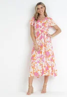 Sukienki - Pomarańczowa Rozkloszowana Sukienka z Wiskozy i Wiązanym Paskiem Asaria - miniaturka - grafika 1