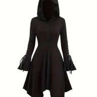Sukienki - TEMU Gothic Sukienka z Kapturem dla Kobiet - Długi Rękaw, A-Line, Formalna i Codzienna z Rozszerzanym Dołem, na Halloween, Imprezy, Casualowe - miniaturka - grafika 1