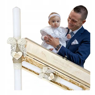 Świeca na Chrzest Święty Gromnica Pamiątka DREWNIANE PUDEŁKO Z GRAWEREM - Pamiątka Chrztu Świętego - miniaturka - grafika 1