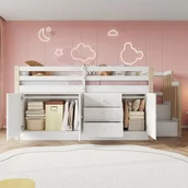 Łóżka dla dzieci i młodzieży - Łóżko antresola 90 x 200 cm z 2 szafkami do przechowywania - MDF - białe (bez materaca) - miniaturka - grafika 1