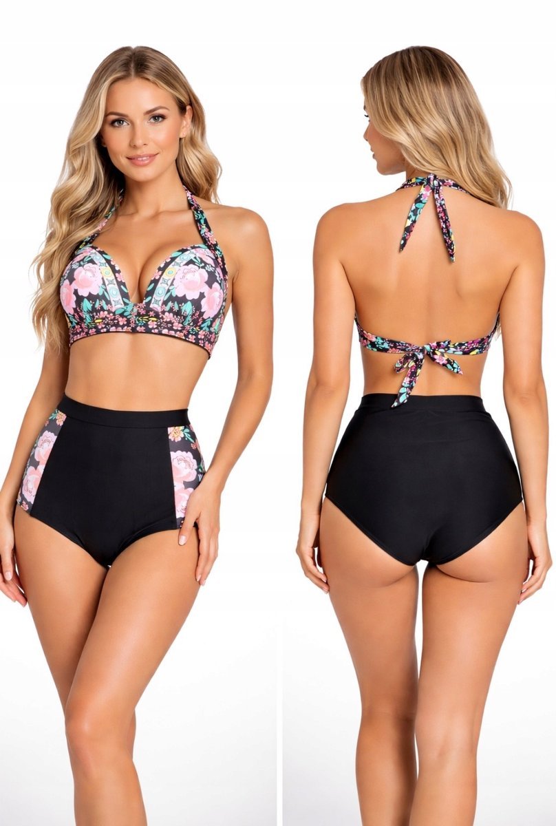 DAMSKI STRÓJ KĄPIELOWY BIKINI WYSOKI STAN KWIATY PUSH UP MODELUJĄCY