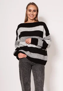 Oversize'owy sweter w paski - SWE299 szary/czarny/j.szary MKM - Swetry damskie - miniaturka - grafika 1