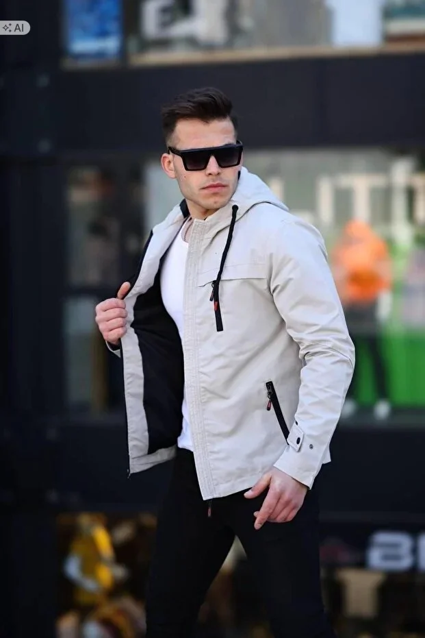 MĘSKA KURTKA SOFTSHELL Z KAPTUREM SPORTOWA BEŻOWA M 5IA