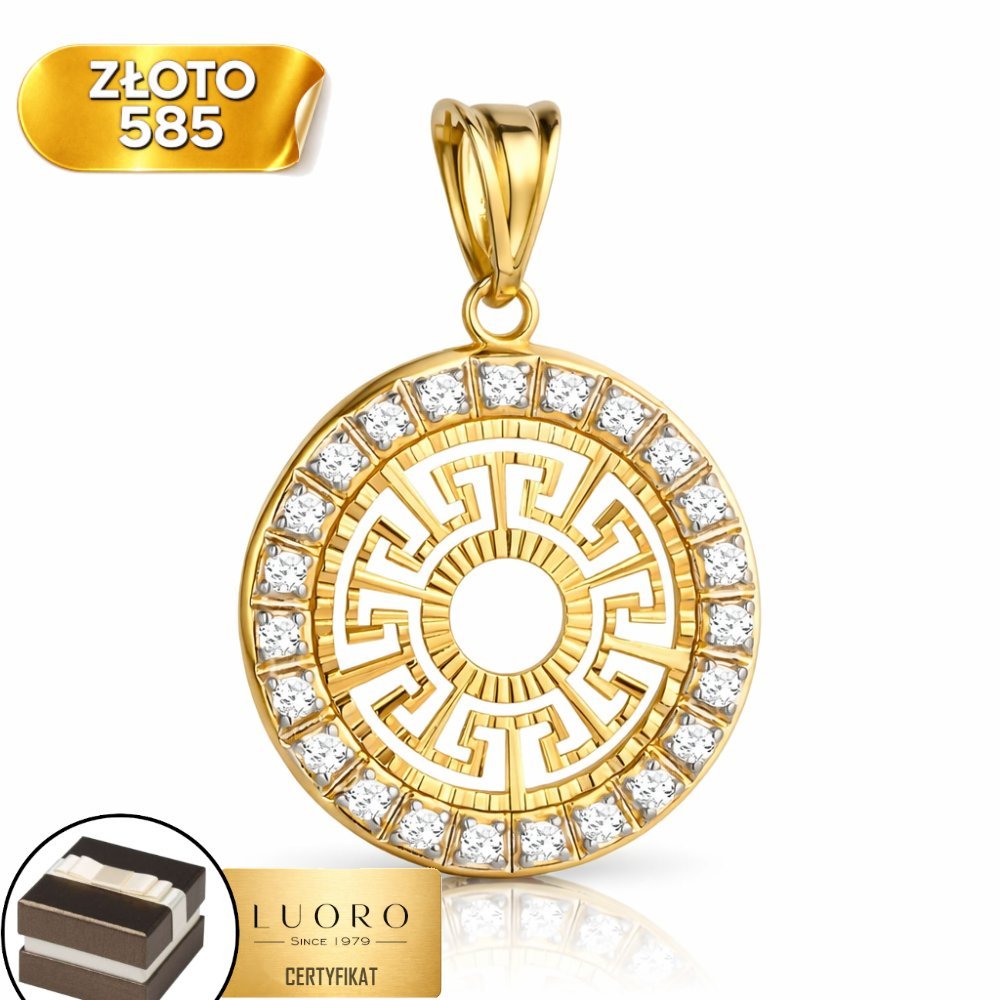 ZAWIESZKA ZŁOTA 585 14K AZTECKIE AŻUROWE KOŁO CYRKONIE 29,5 MM ELEGANCKA