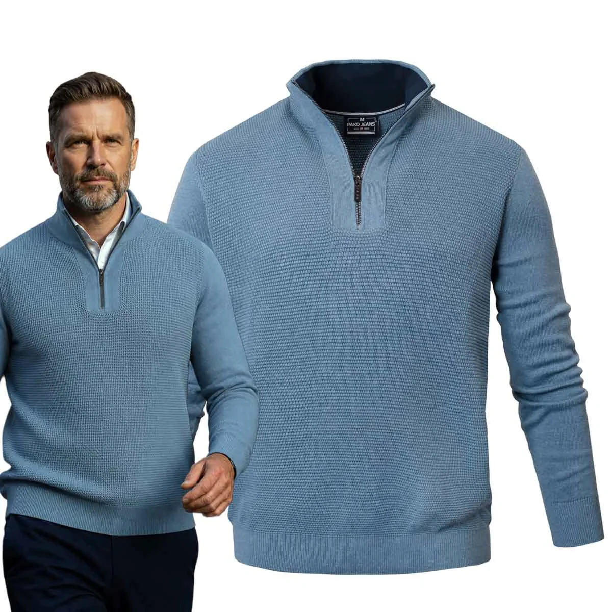 SWETER Męski z Rozpinanym Półgolfem Suwak JEANSOWY Bawełniany Pako Jeans SWETER Męski z Rozpinanym Półgolfem na Suwak JEANSOWY Bawełna XL Pako Jeans
