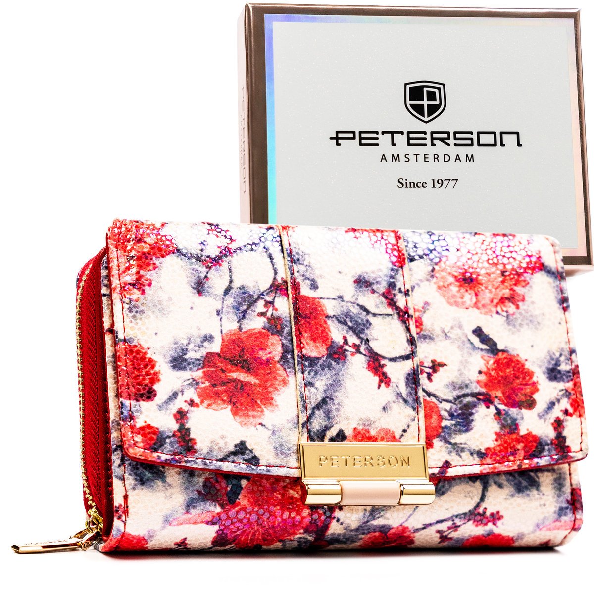 Portfel damski w kwiaty PETERSON mały poziomy z ozdobnym zapięciem rozbudowany na karty ochrona RFID czerwony