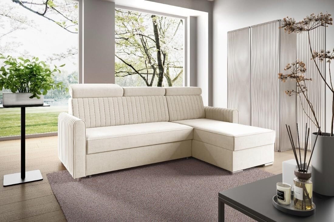 LIKMA Narożnik 213 cm Beżowy Rozkładany NELI Kształt L z Funkcją Spania (190x125 cm) i Pojemnikiem na Pościel Sofa z Regulowanymi Zagłówkami