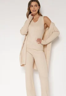 Jasnobeżowy Komplet Dzianinowy z Bawełną Spodnie Kamizelka i Długi Kardigan Meviravia - Komplety damskie - miniaturka - grafika 1