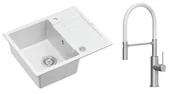 Zlewozmywaki z baterią - Quadron Unique Zlewozmywak granitowy jednokomorowy 62*50*22 cm z ociekaczem MORGAN 116 SNOW WHITE z syfonem Push-2-Open w kolorze stalowym z baterią GEMMA Q LINE SLIM z ruchomą wylewką kolor stal szczotkowana/biały wąż - miniaturka - grafika 1