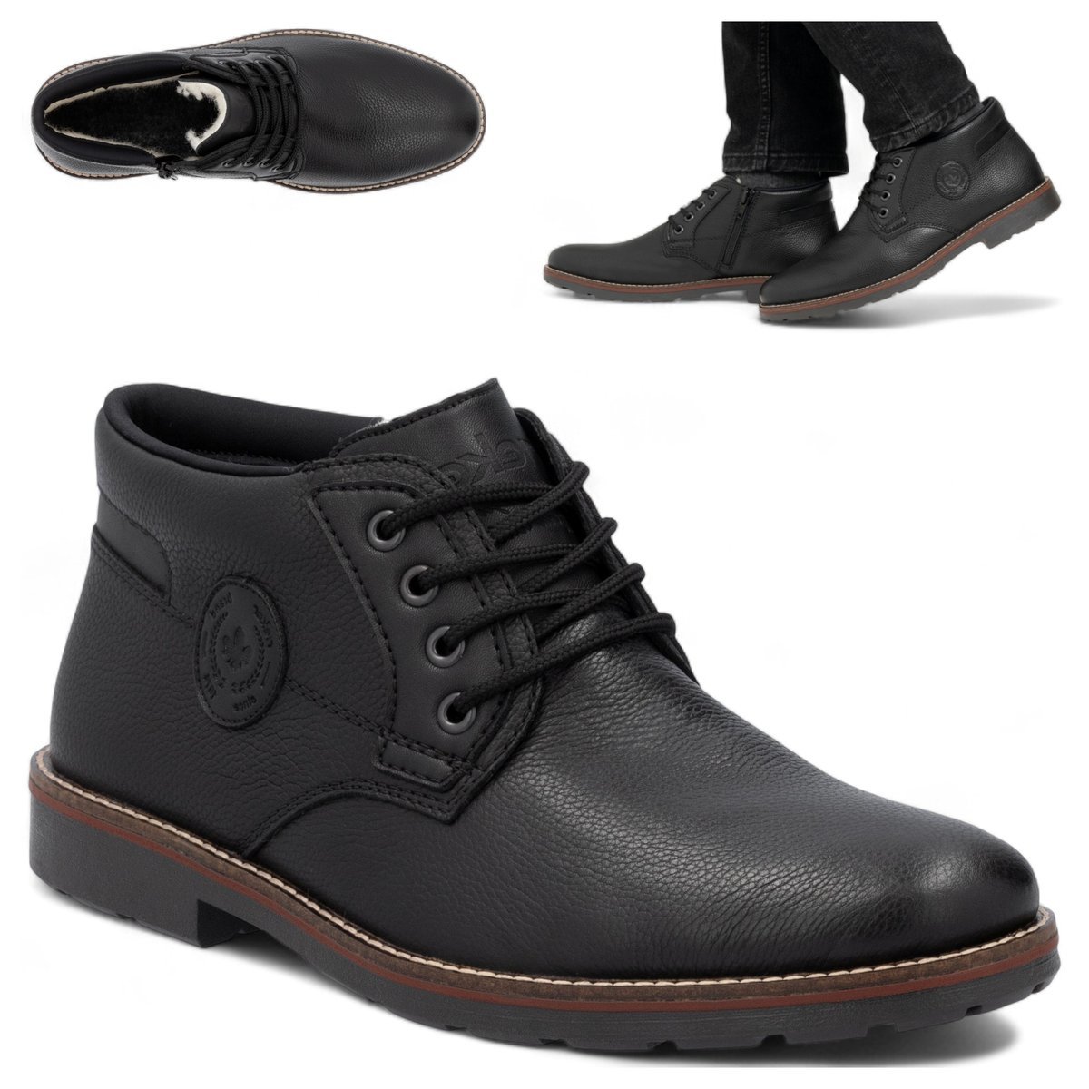 Rieker SKÓRZANE Półbuty Męskie Zimowe Trzewiki Wiązane Ocieplane Czarne 42