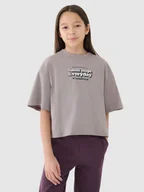 Koszulki dla dziewczynek - 4F Crop top oversize z nadrukiem dziewczęcy - beżowy 134 (8-9 lat) - miniaturka - grafika 1