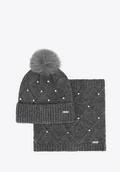 Czapki damskie - Komplet damski zimowy – czapka i komin w kryształki szary - miniaturka - grafika 1