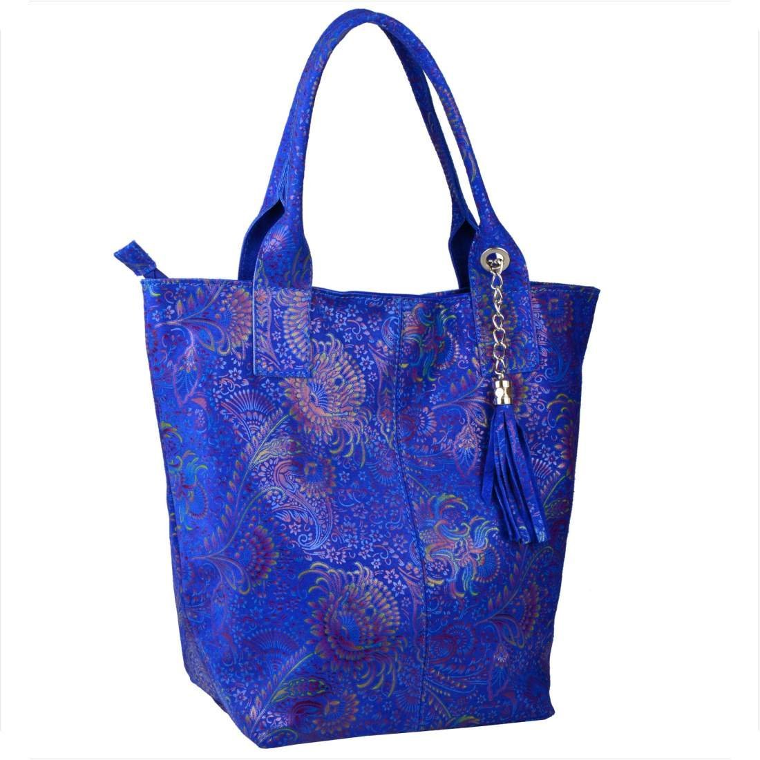 Torba worek skóra naturalna szafir niebieska wzór kwiaty Borse in Pelle