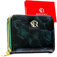 Portfele - Mały portfel damski na suwak zielony ROVICKY lakierowany typu piórnik modny w kwiaty - miniaturka - grafika 1