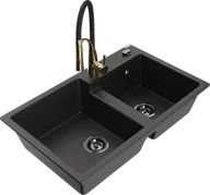 Zlewozmywaki z baterią - Mexen Tomas zlewozmywak granitowy 2-komorowy z baterią kuchenną Aster, czarny/srebrny metalik - 6516-73-73450-57-B - miniaturka - grafika 1