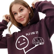 Bluzy damskie - Bordowa Bluza Damska Z Kapturem PLZ USE IT Modna Stylowa Piękne Wzory - L - miniaturka - grafika 1