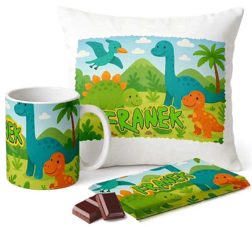 Zestaw Kubek Poduszka Czekolada z Imieniem Prezent Dinozaury Dla Dziecka