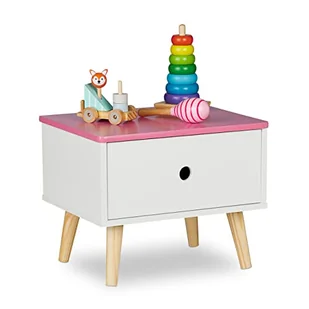 Relaxdays Stolik nocny dla dzieci, z szufladą, wys. x szer. x gł.: 31 x 38 x 30 cm, do pokoju dziecięcego, mała komoda, drewno i płyta MDF, biały/różowy - Szafy i szafki dla dzieci - miniaturka - grafika 1