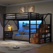 Łóżka dla dzieci i młodzieży - Łóżko piętrowe 140 x 200 cm z pojemnikiem - Rama żelazna - Diody LED - Czarne (Materac nie jest wliczony w cenę) - miniaturka - grafika 1