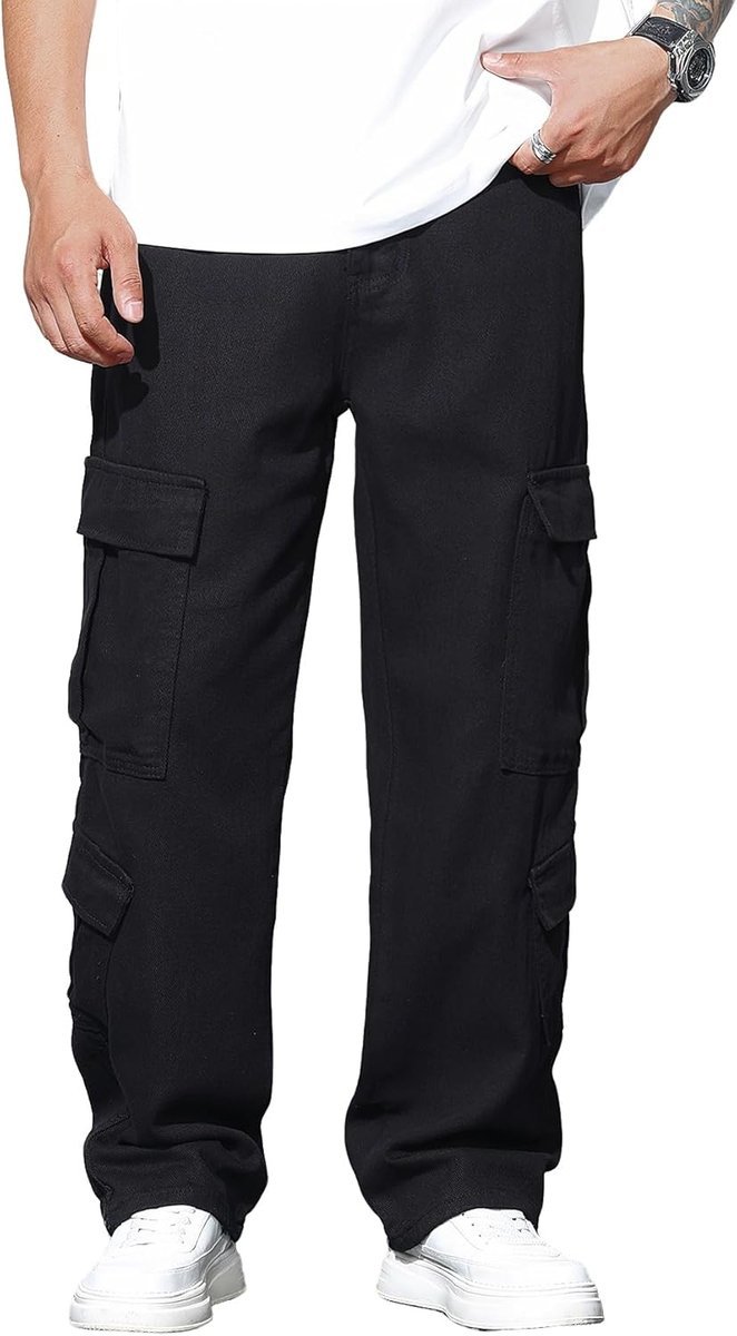 Męskie Spodnie Baggy Cargo Jeans Luźne Bawełniane Y2K Streetwear Czarne XS