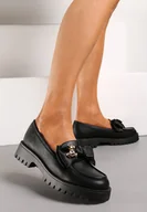 Mokasyny damskie - Czarne Mokasyny na Niskiej Platformie Ozdobione Metalowymi Aplikacjami i Kokardą Alirakia - miniaturka - grafika 1