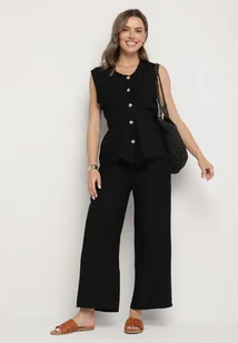 Czarny Komplet Bluzka Bez Rękawów z Regulacją w Talii i Szerokie Spodnie Dovalinae - Komplety damskie - miniaturka - grafika 1
