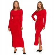 Sukienki - Elegancka SUKIENKA DAMSKA Czerwona Midi Klasyczna z Rozcięciem MORAJ L - miniaturka - grafika 1