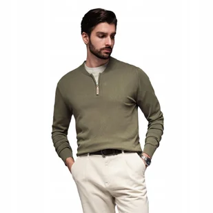 Sweter męski z wiskozą i rozpinanym dekoltem oliwkowy OM-SWZS-0124 V1 r XXL - Swetry męskie - miniaturka - grafika 1